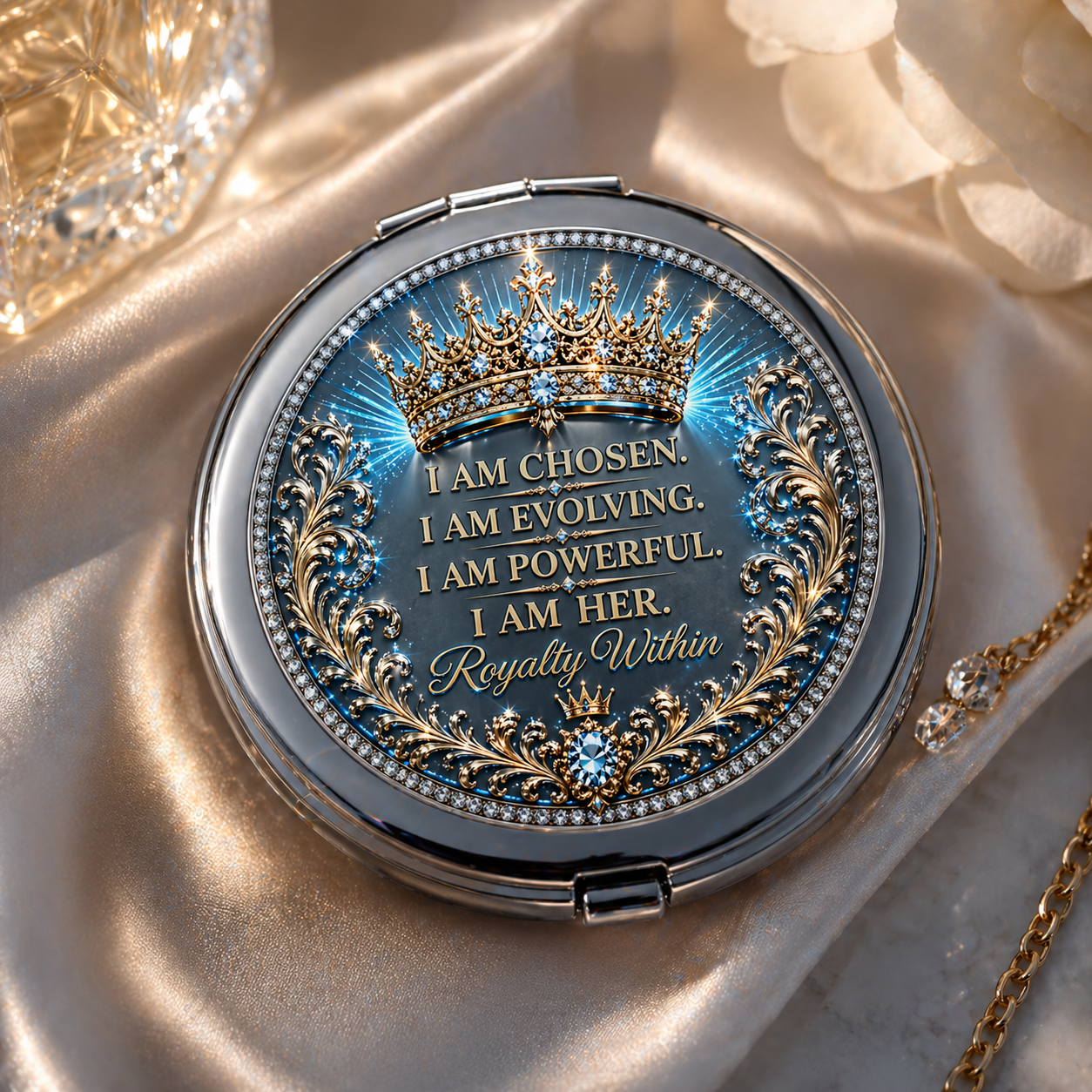 Compact Travel Mirror — "I Am Chosen, I Am Evolving" Inspirational Crown Pocket Mirror