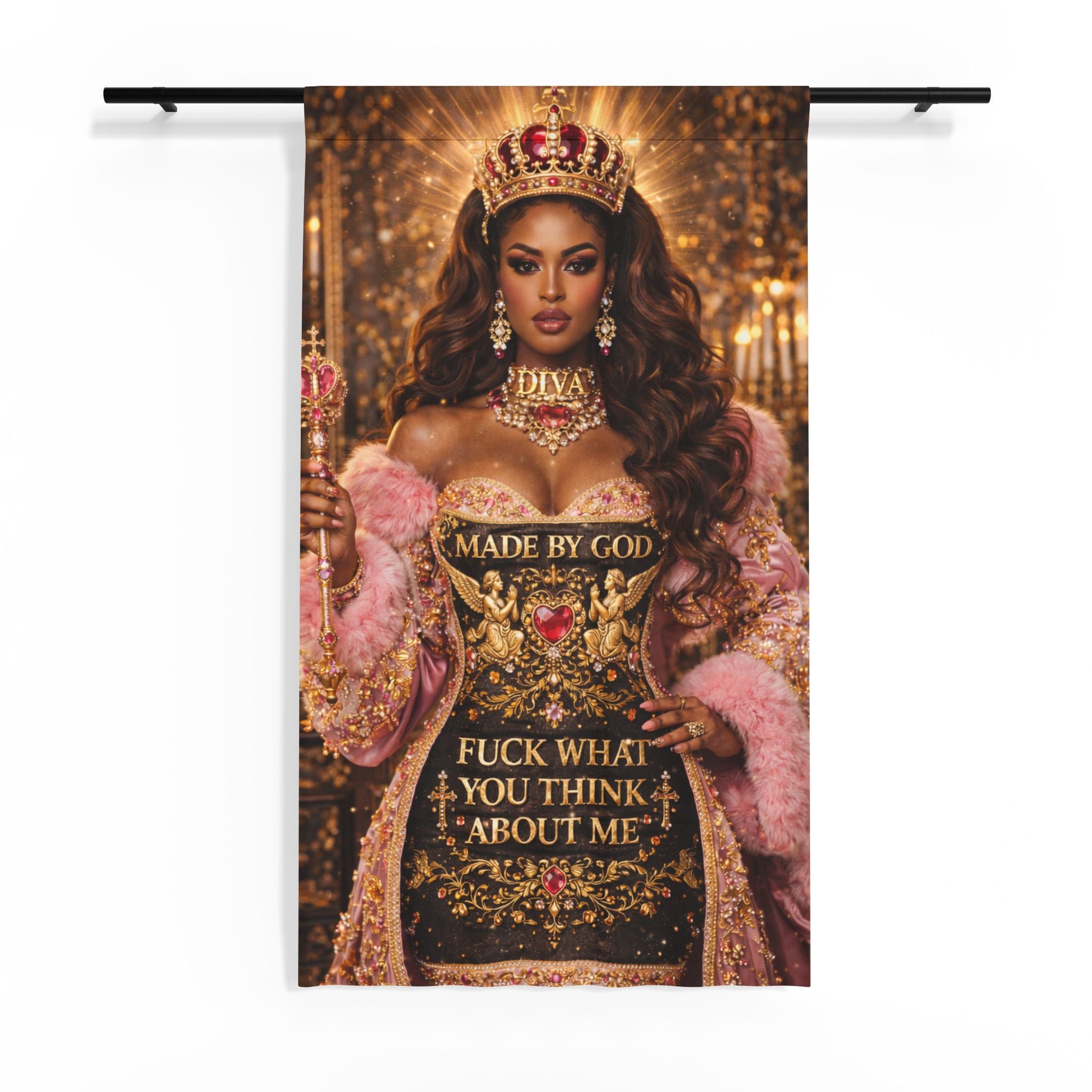 Sheer Window Curtain — Regal "Made By God" Queen Portrait with Bold Statement